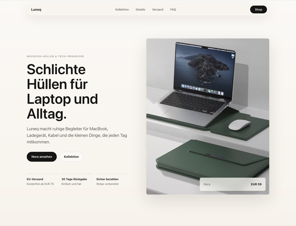 Startseite des von Luneq betriebenen Onlineshops luneq.eu