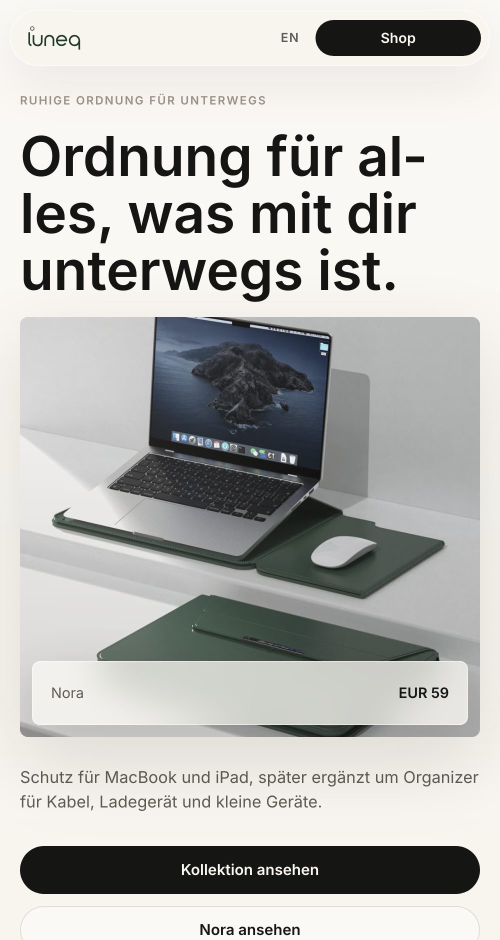luneq.eu auf dem Smartphone: eine Spalte, große Schrift, bequem bedienbare Schaltflächen.