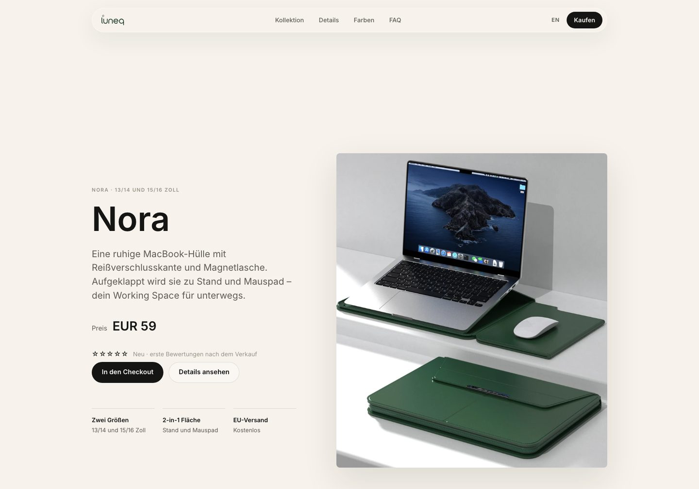 Produktseite von luneq.eu: Preis, Materialbeschreibung, beide Größen und Checkout-Knopf.